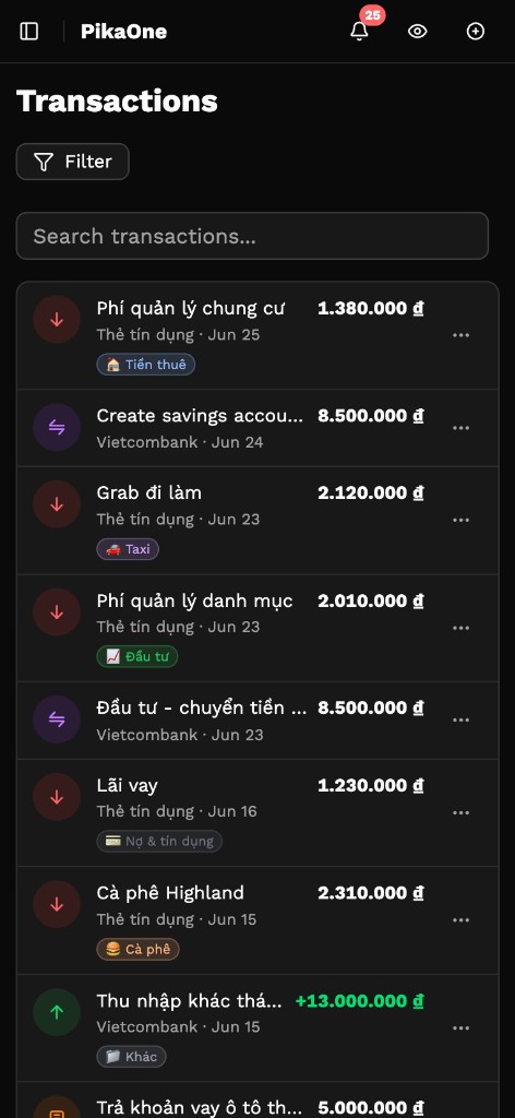 Màn hình giao dịch PikaOne trên mobile với chi tiêu theo danh mục và bộ lọc đã lưu